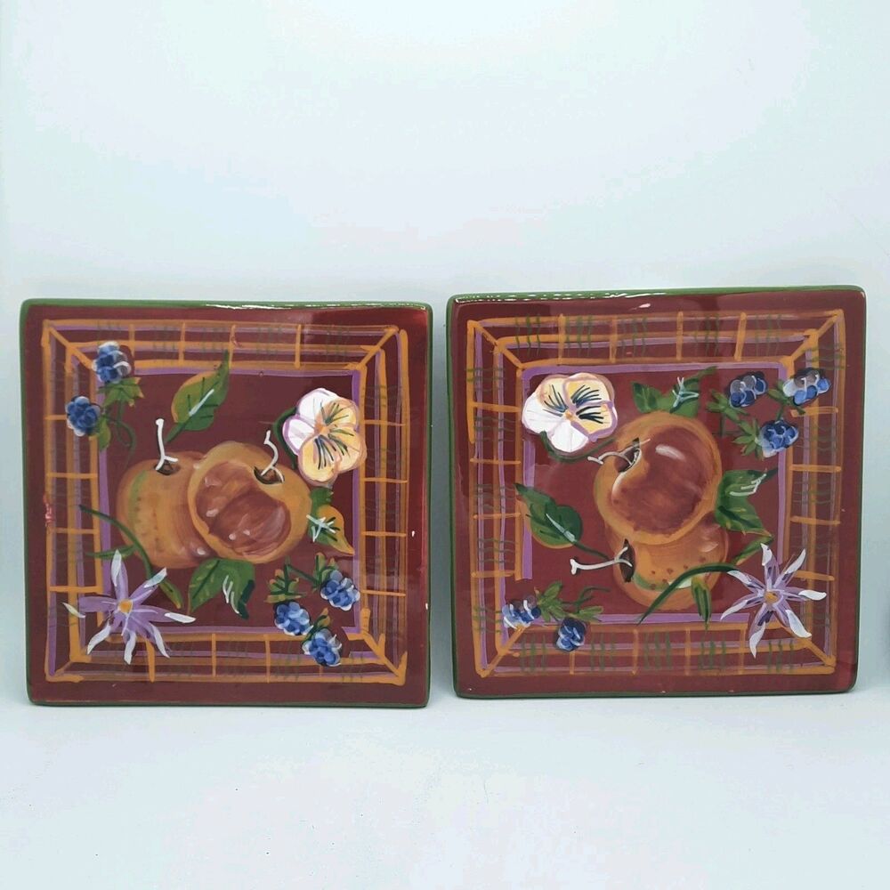 2 - CAPRIWARE Trivet Hand Painted Pansies Apple Grapes Fruit Pattern 6" Trivet